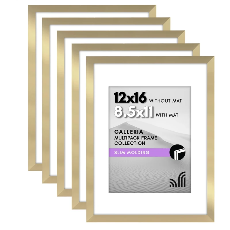 Americanflat 12x16 Picture Frame With Polished Plexiglass - Set of 5 - Use as 8.5x11 With Mat or 12x16 Without Mat - Galleria Collection - Gallery Wall Set for Wall Display - Gold