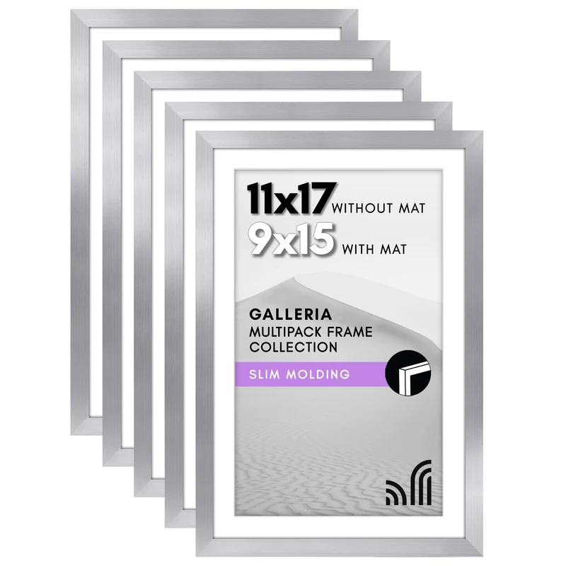 Americanflat 11x17 Picture Frame Set of 5 in Silver - Use as 9x15 Picture Frame with Mat or 11x17 Frame Without Mat - Picture Frames Collage Wall Decor with Plexiglass Cover - Gallery Wall Frame Set