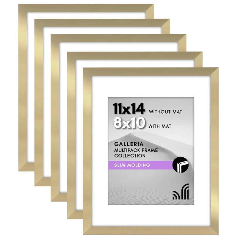 Americanflat 11x14 Picture Frame Set of 5 in Gold - Use as 8x10 Picture Frame with Mat or 11x14 Frame Without Mat - Picture Frames Collage Wall Decor with Plexiglass Cover - Gallery Wall Frame Set