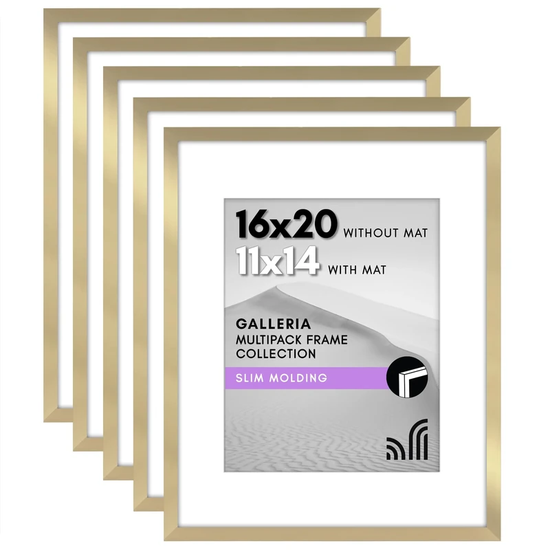 Americanflat 16x20 Picture Frame with Polished Plexiglass - Set of 5 - Use as 11x14 Frame with Mat or 16x20 Frame Without Mat - Galleria Collection - Gallery Wall Frame Set for Wall Display - Gold