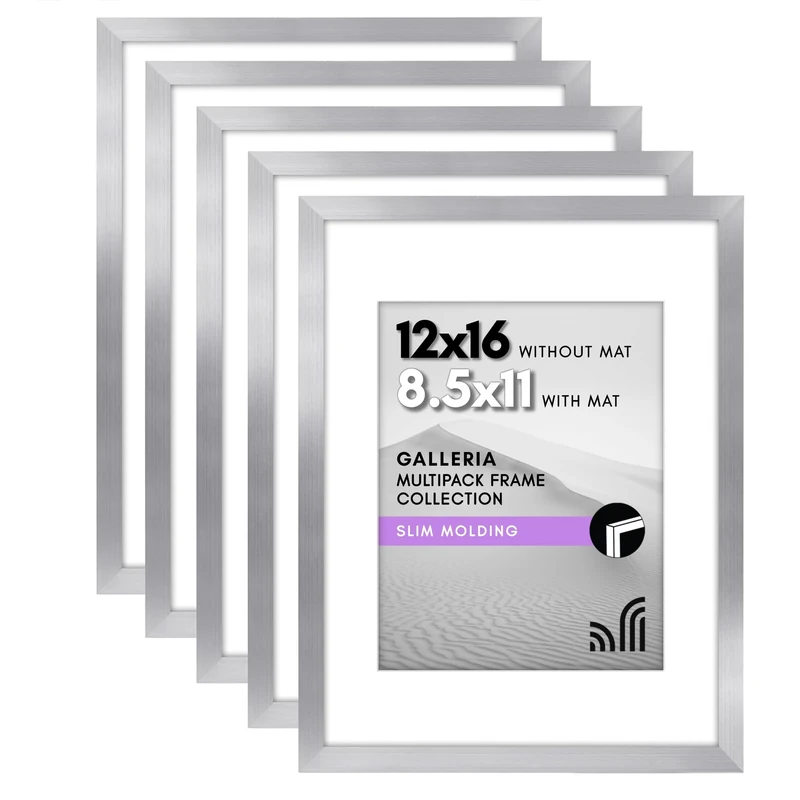 Americanflat 12x16 Picture Frame with Polished Plexiglass - Set of 5 - Use as 8.5x11 Frame with Mat or 12x16 Frame Without Mat - Galleria Collection - Gallery Wall Frame Set for Wall Display - Silver