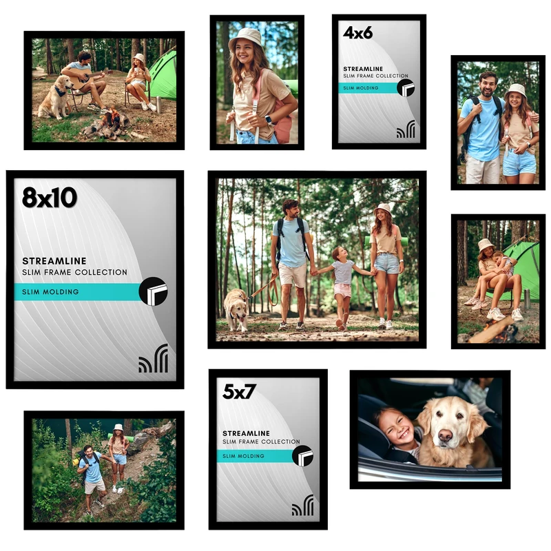 Americanflat 10 Pack Black Photo Frames Collage Wall Decor - Gallery Wall Frame Set with Two 8x10, Four 5x7, and Four 4x6 Frames, Shatter-Resistant Glass, Hanging Hardware, and Easel Included