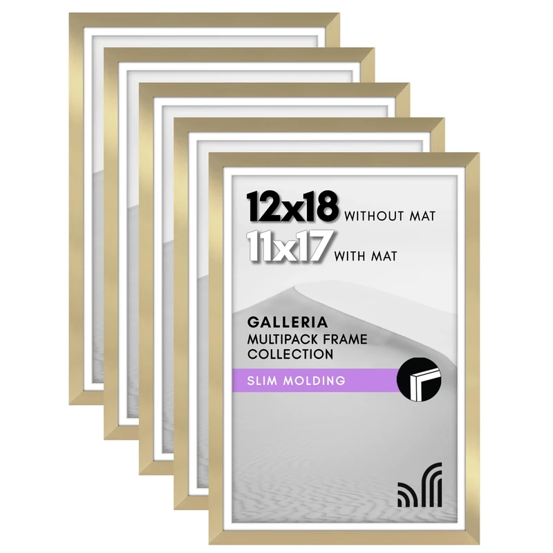 Americanflat 12x18 Picture Frame Set of 5 in Gold - Use as 11x17 Picture Frame with Mat or 12x18 Frame Without Mat - Picture Frames Collage Wall Decor with Plexiglass Cover - Gallery Wall Frame Set