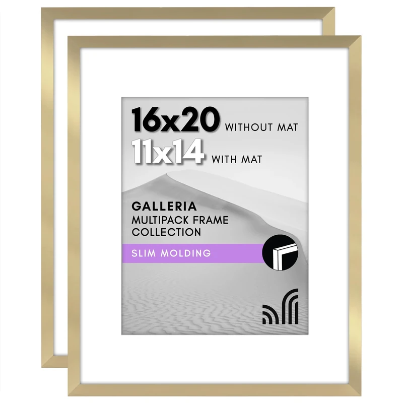 Americanflat 16x20 Picture Frame with Polished Plexiglass - Set of 2 - Use as 11x14 Frame with Mat or 16x20 Frame Without Mat - Galleria Collection - Gallery Wall Frame Set for Wall Display - Gold