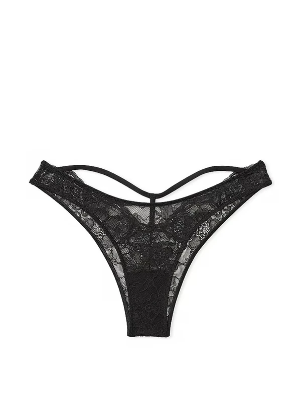 Victoria's Secret Y-Back Shine Strap Lace Brazilian Panty Color Black New, Black, S