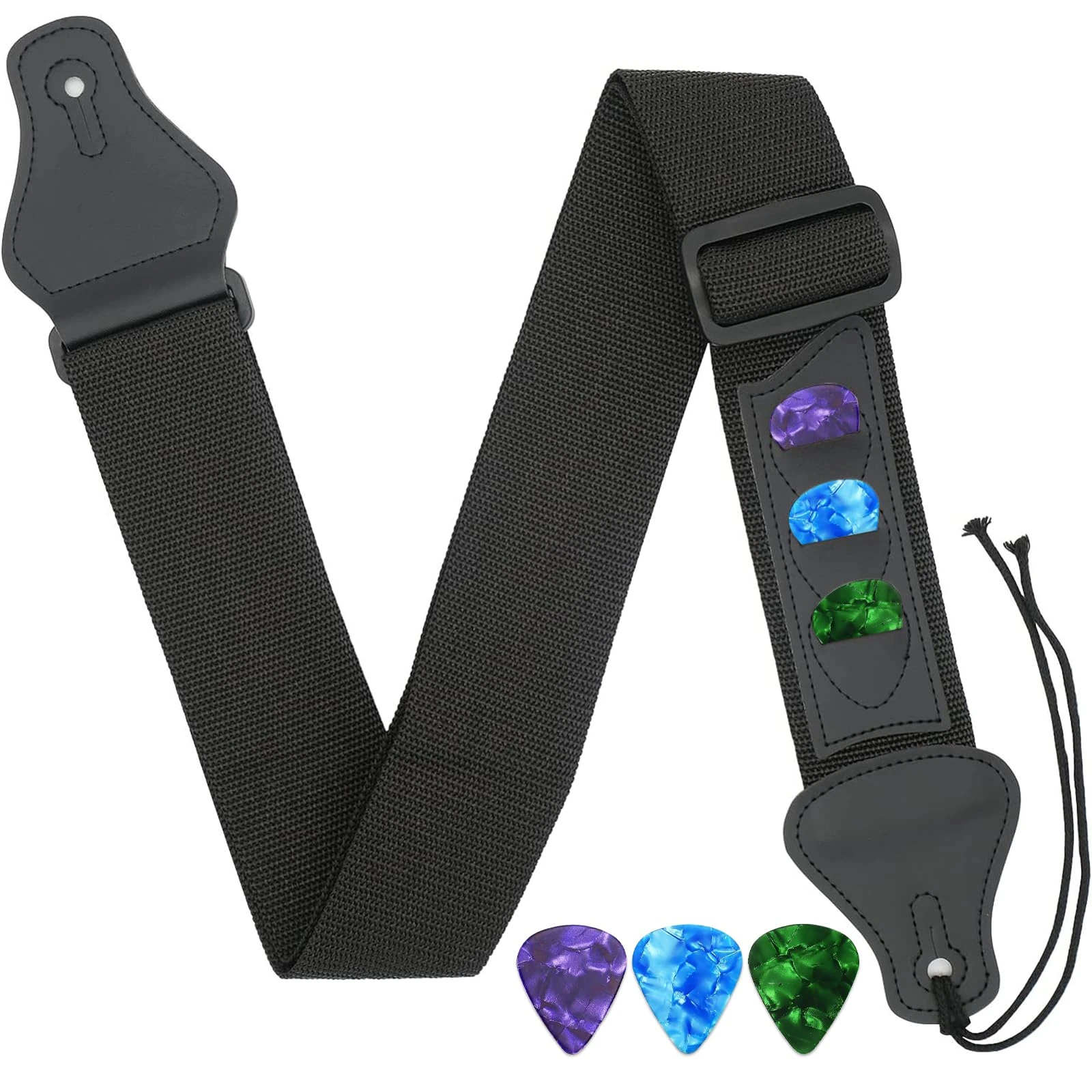 selcouth yyds Guitar Strap Braided Adjustable Straps with 3 Pick Pocket for Bass,Electric,Acoustic Guitars（Black）