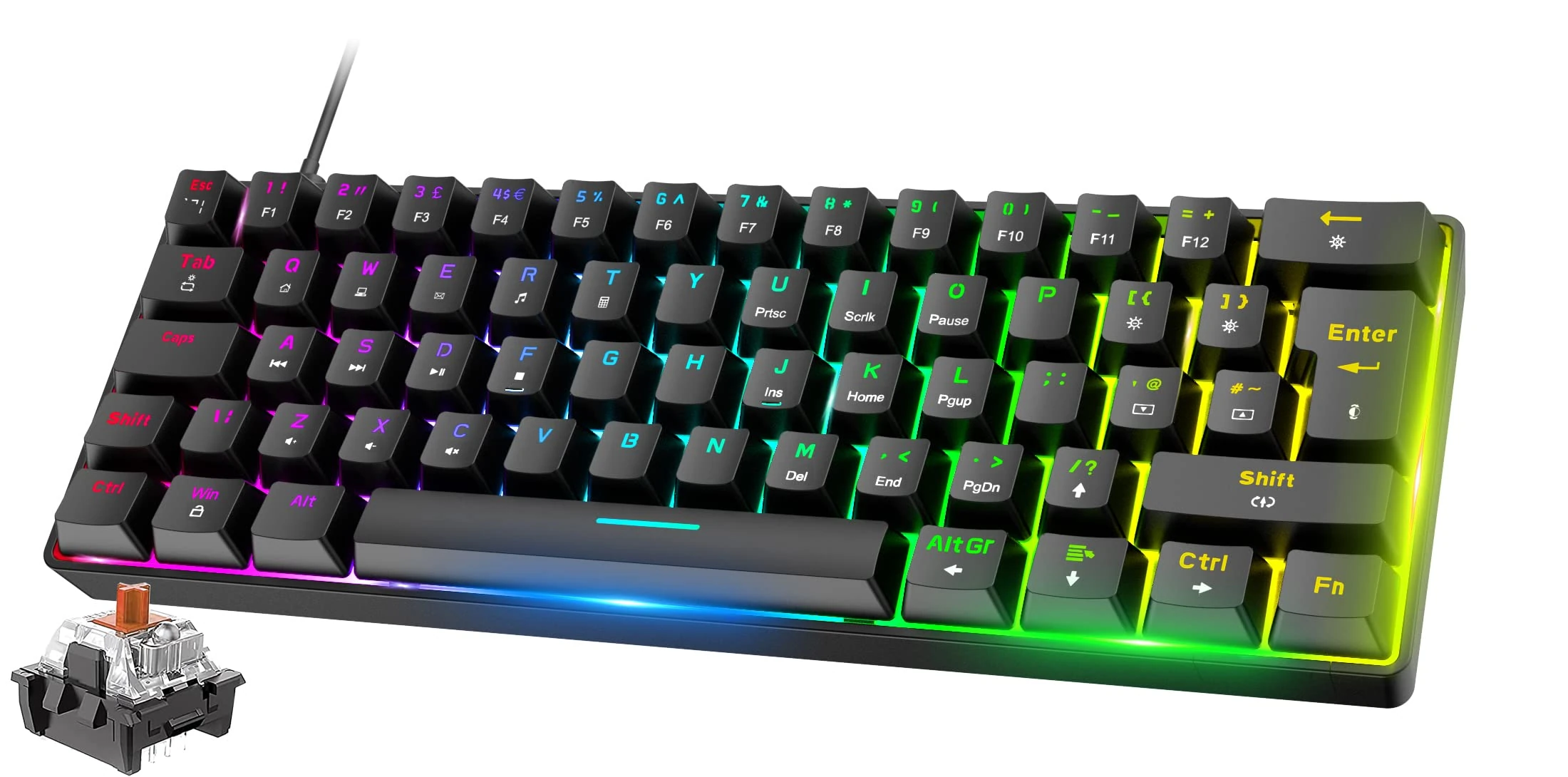 T60 Mini 60% Mechanical Gaming Keyboard with 9 Custom PBT Dye-Sublimation Keycap, Wired UK Layout 18 RGB Chroma Backlit Compact 62 Keys Keyboard, Full Keys Anti-Ghosting for PC Mac-Black/Brown Switch