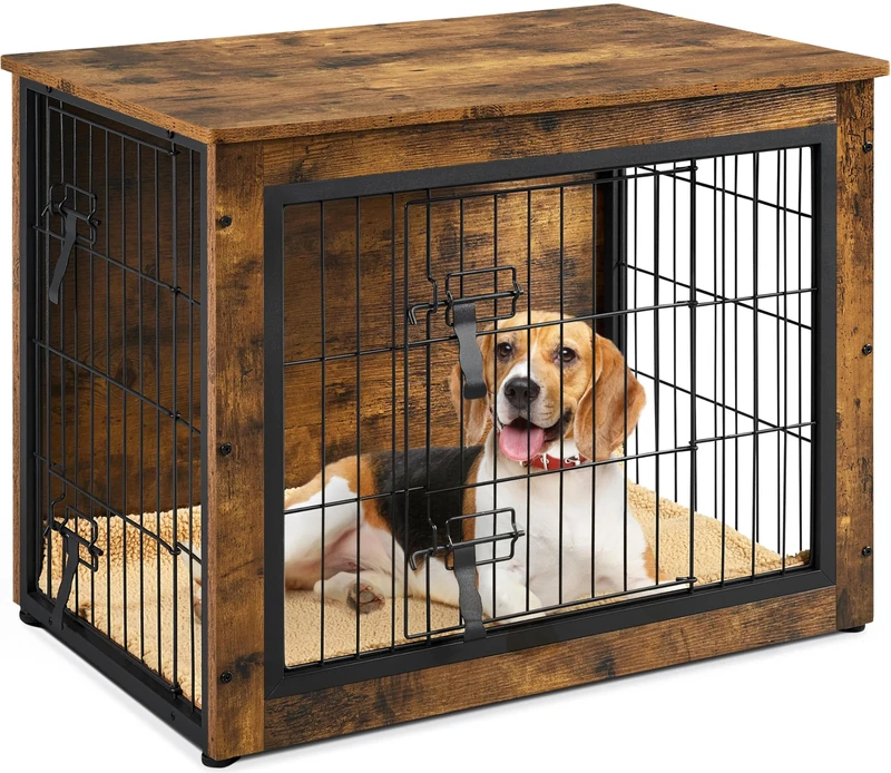 Yaheetech Dog Crate Furniture End Table with Cushion & Double Doors for Shiba Inus, Bichon Frises, Shih Tzus, Medium Dog Cage 80.5x55.5x64 cm, Rustic Brown