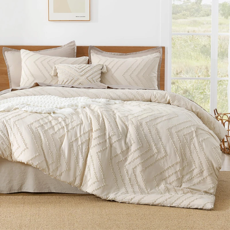 Litanika Super King Plus Comforter Set Beige, 3 Pcs Boho Tufted Bedding Set