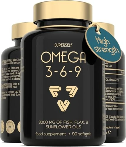Omega 3 6 9 Capsules - High Strength 3000mg Triple Potency - Premium Fish Oil, Flaxseed & Sunflower Oil - 90 Easy to Swallow Softgel Tablets - EPA DHA ALA Omega 369 Fatty Acids (3)