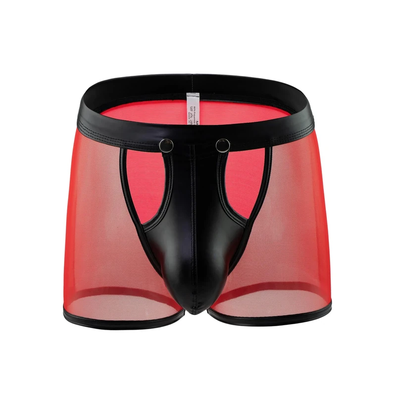 Drelaar Men's See Through Mesh Lingerie Boxer Shorts with Detachable Faux Leather Buckled Pouch Medium Red