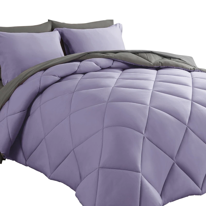 Cosybay Bed in a Bag King Reversible Comforter Sets 7pcs All Season Down Alternative Bedding Sets Lavender and Grey with Comforter, Pillow Shams, Flat Sheet, Fitted Sheet and Pillowcase