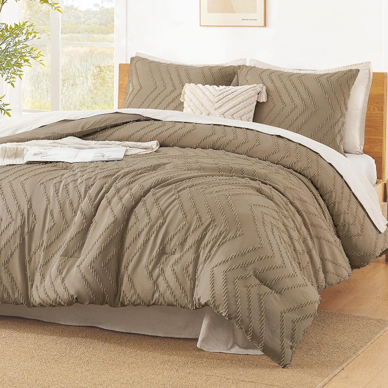 Litanika Taupe Oversized King Comforter Set, 3 Pcs Boho Tufted Bedding Set