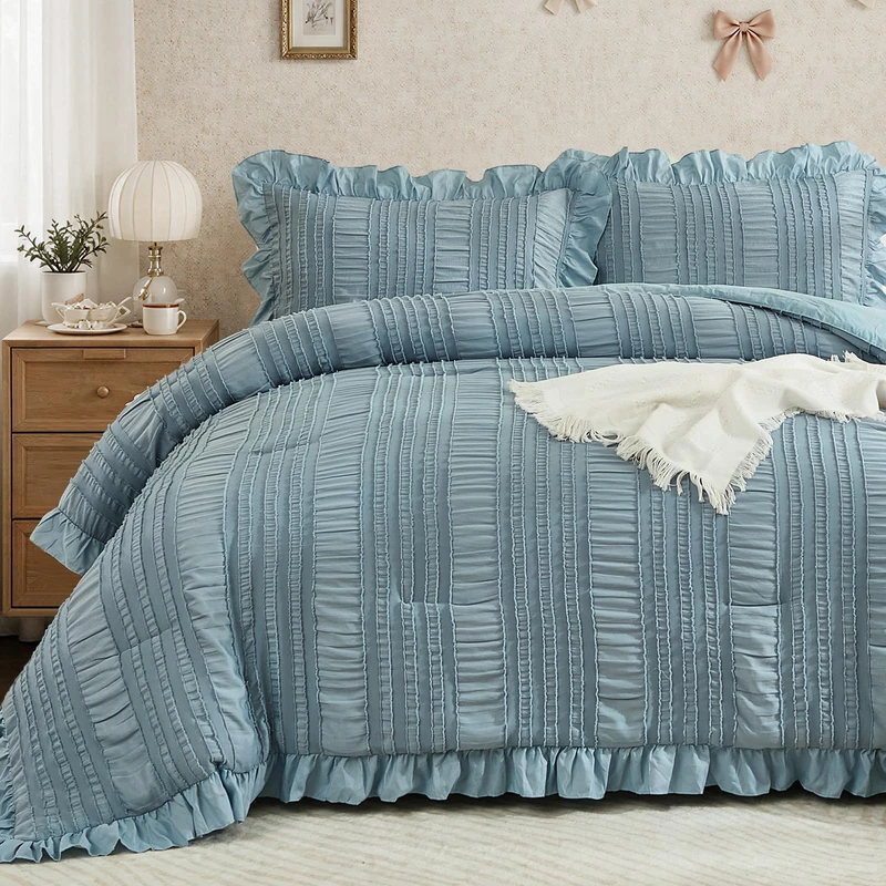 WONGS BEDDING Blue Comforter Set Queen,3 Pieces Ruffle Farmhouse Shabby Chic Boho Comforter for Queen Bed,Soft Seersucker Textured Bedding Set with 1 Ruffle Comforter,2 Tufted Pillowcases 90"×90"
