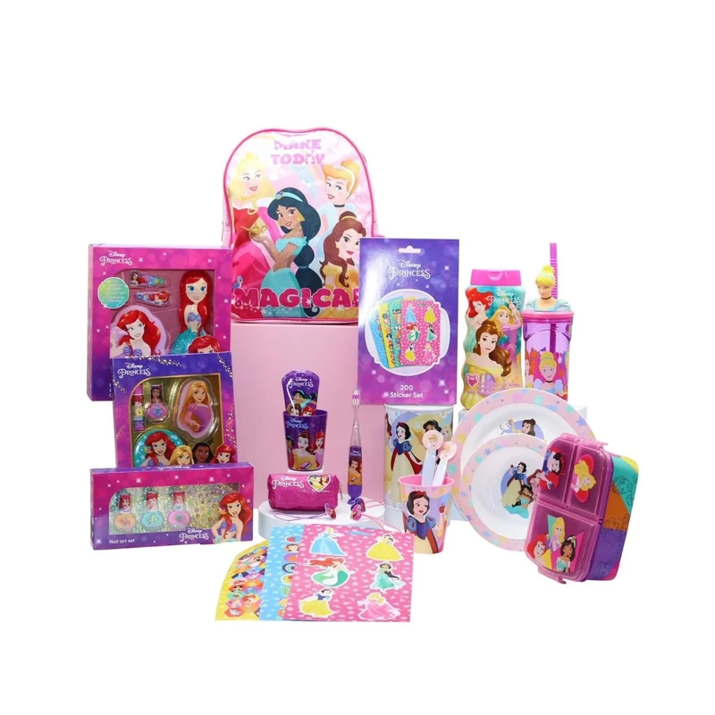Disney Princess Gift Pack Includes Gel Shampoo, Beauty Set, Nail Set, Bath Time Set, Dental Care Set, Sandwich Box, Tableware Set, 3D Figurine Tumbler, Metallic Piggy bank, Sticker Set and Backpack