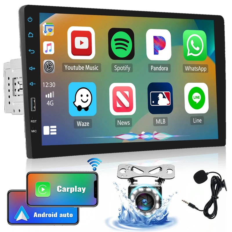 CAMECHO 9 Inch Single Din Car Stereo with Wireless Apple CarPlay Android Auto Touchscreen 1 Din Car Radio with Bluetooth FM Radio EQ Mirror Link Car MP5 Player USB + Reverse Camera + MIC