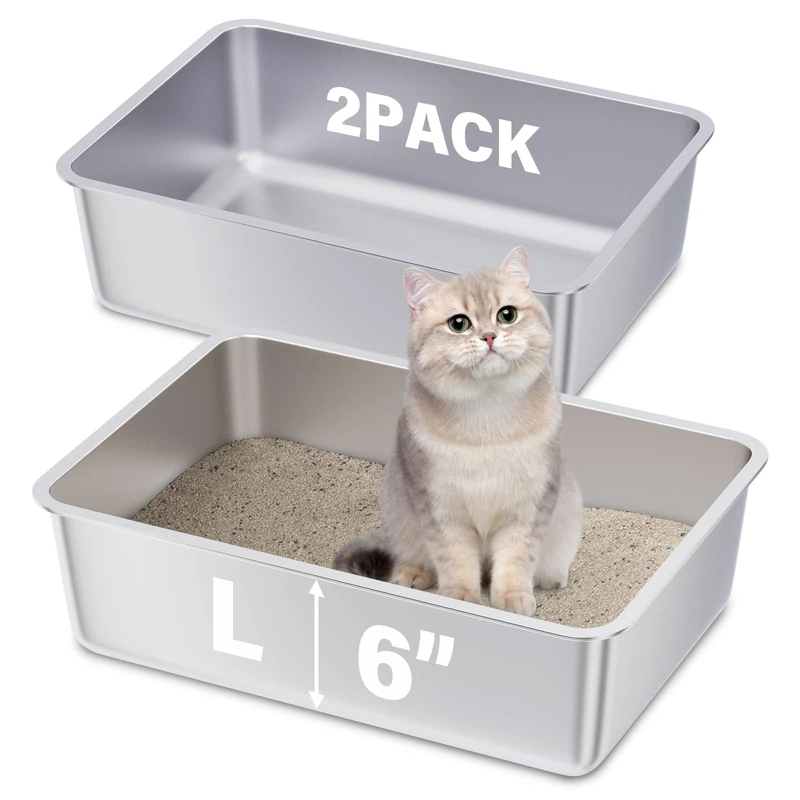 FUTAM Stainless Steel Cat Litter Box 2 Pack, 19.7"x13.7"x6" Large Metal Litter Box for Cats, Easy to Clean, Non Stick, No Smell
