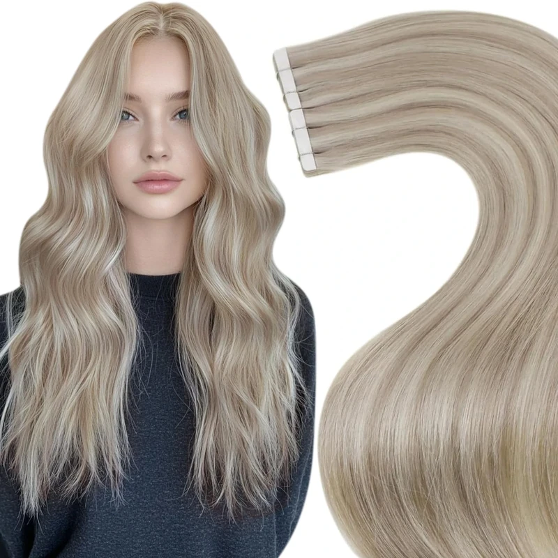 LaaVoo Tape Hair Extensions Blonde Tape in Hair Extensions Human Hair 20 Inch Invisible Tapes Remy Straight Highlight Ash Blonde Real Hair Double Sided Tabs 20pcs 50g #18/613