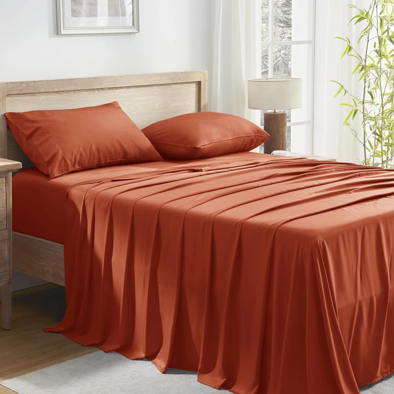 Andency Orange Queen Sheets Set, 100% Viscose Derived from Bamboo, Cooling Bed Sheets Queen Size, Deep Pocket Up to 16", Silky Soft Sheets, Hotel Luxury Breathable Bedding Sheets & Pillowcases…