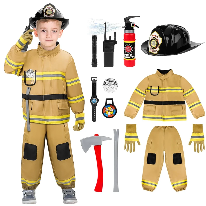 fireman Costume and Outfit for Boys and Girls Aged 3-8, 90cm~110cm, with Gloves, Helmet, Hose and Toolbox