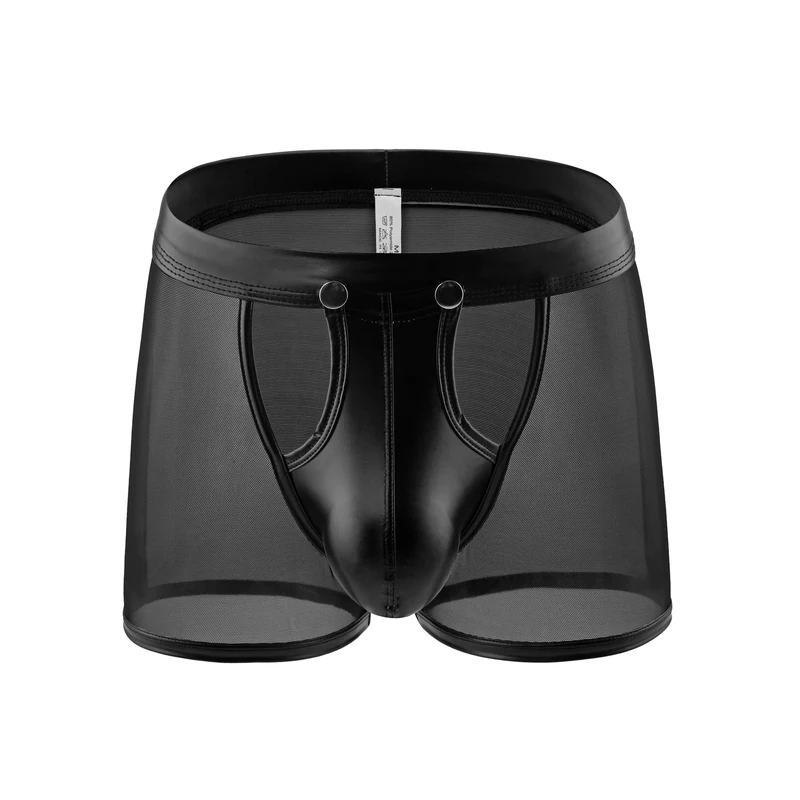Drelaar Men's See Through Mesh Lingerie Boxer Shorts with Detachable Faux Leather Buckled Pouch Medium Black
