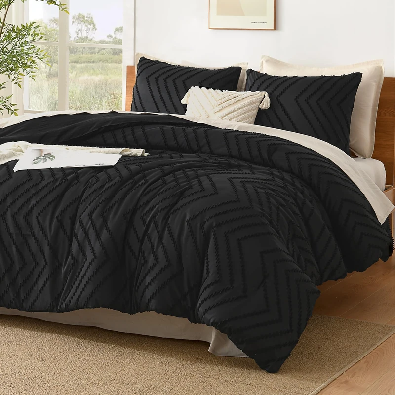 Litanika Black Super King Comforter Set, 3 Pcs Boho Tufted Bedding Set