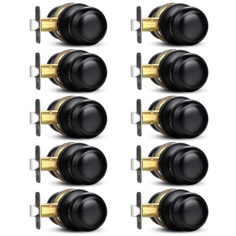 Sopoby Black Door Knob, 10 Pack Round Keyless Doorknobs Interior/Exterior Lockset, Passage Locking Door Knobs for Bedroom/Bathroom, Black Modern Design Door Hardware