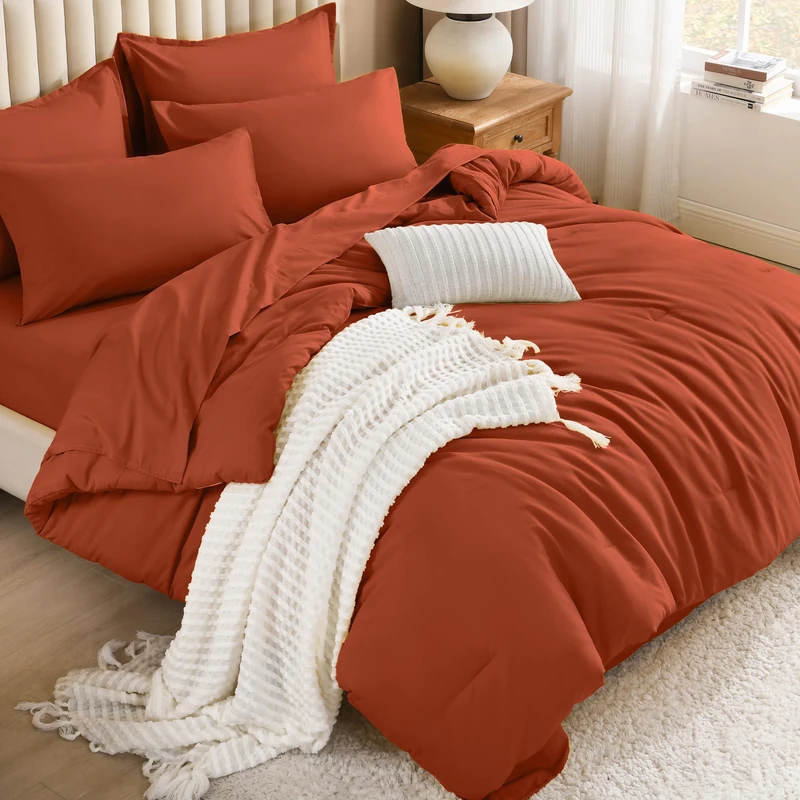 Litanika Oversized King Comforter Sets Burnt Orange - 7 Pieces Bed in a Bag Oversized King Bedding Comforter Sets, Solid Lightweight Bed Set with Comforter, Sheets, Pillowcases & Shams