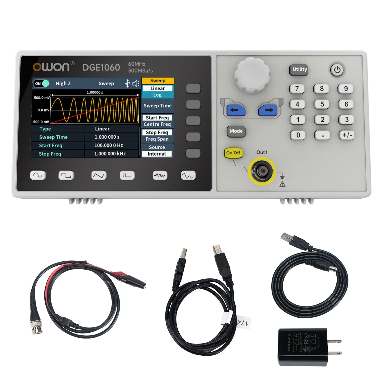 OWON DGE1060 Signal Waveform Generator,60MHz Bandwidth and 300MSa/s Sample Rate,8K Waveform Length,14 Bits Vertical Resolution Function Generator with 3.6 inch TFT LCDSupport SCPI and LabVIEW