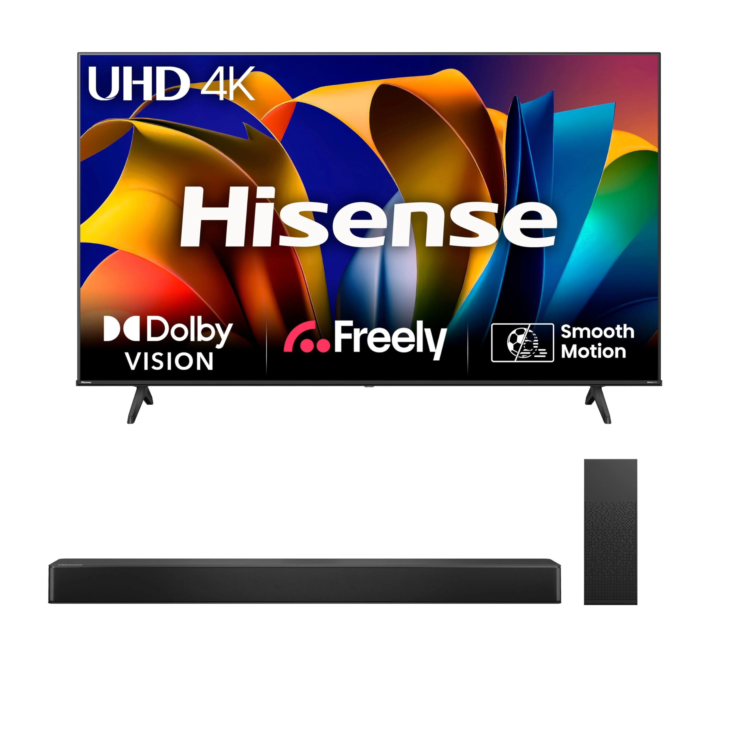 Hisense TV & Soundbar Bundle: 50E6NTUK TV with 4K Direct Lit, Quad Core 4K Processor Plus the HS2100 Soundbar with 240W Power, Surging Direct Sound