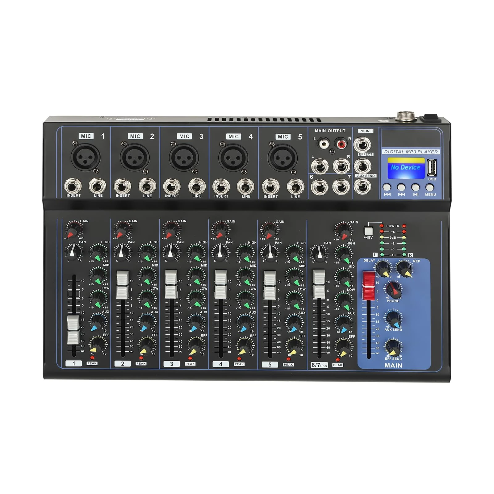 Audio Mixer Channel, 7 Channel DJ Mixer USB Studio Mixer 48V Phantom Power Sounds Mixer Bluetooth for Live, Recording, Live Streaming, Podcasting, Karaoke (7 Channel)