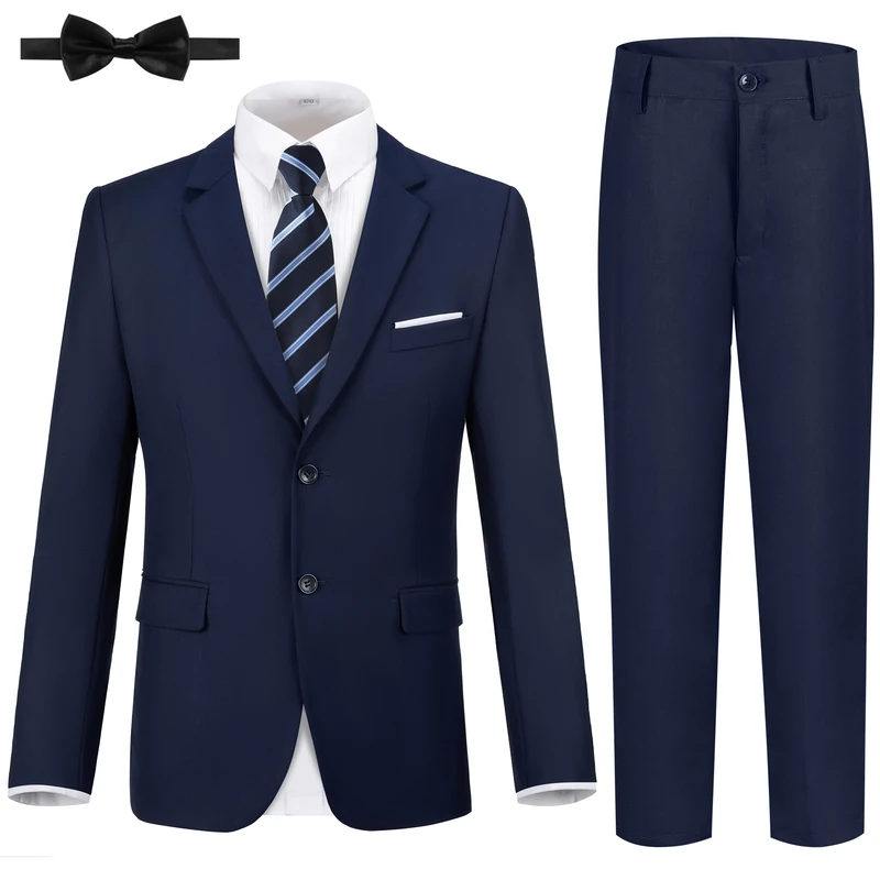 JPF Boys Formal Suits Slim Fit 5 Piece Kids Suit Jacket Pants Set with Dress Shirt and Tie for Wedding Prom, 5pc Navy, 16 - Image 1