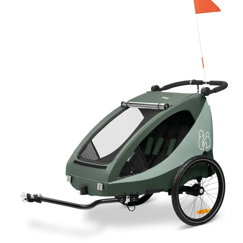 hauck Dryk Duo Plus, Dark Green - 2in1 Kids Bike Trailer & Pushchair with Suspension 2 Seats Folding Bicycle Trailer with XL Storage, Tow Bar, Hitch, Pennant, Stroller Wheel & LED Rear Light