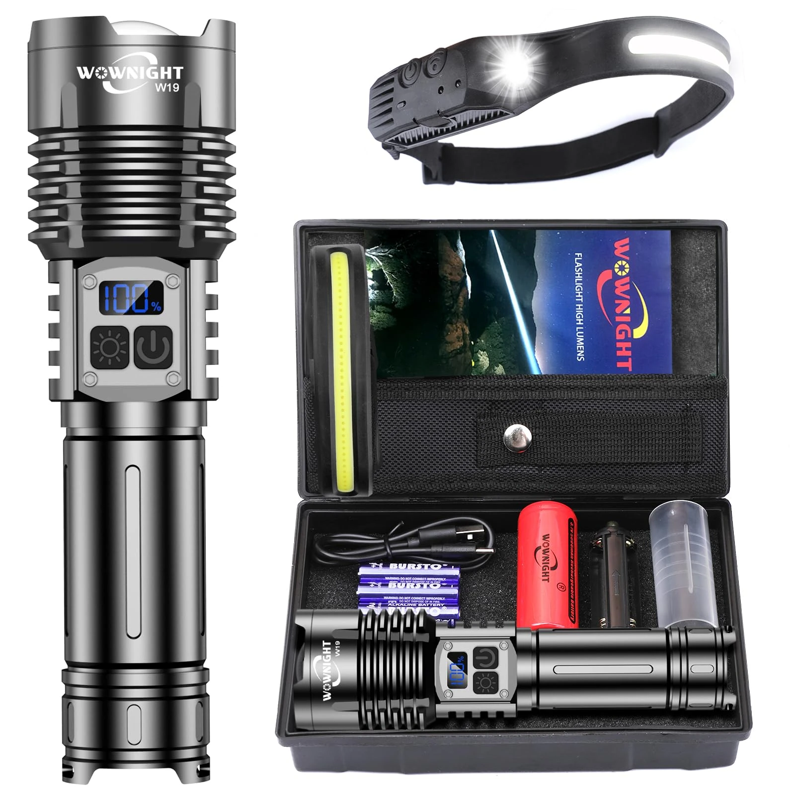 WOWNIGHT Torch LED Rechargeable 500,000 Lumens, 2 Switch LED Torch Extremely Bright USB C, Strong Tactical Torch Battery Operated, Continuously Dimmable with Headlamp for Outdoor Emergencies