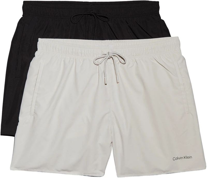 Calvin Klein Men’s 2 Pack Medium Drawstring Swim Shorts, Multicolor (Pvh Black/Chalk), L