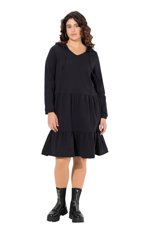 Ulla Popken Women's Hooded A-Line V-Neck Long Sleeve Dress, Black, 20-22