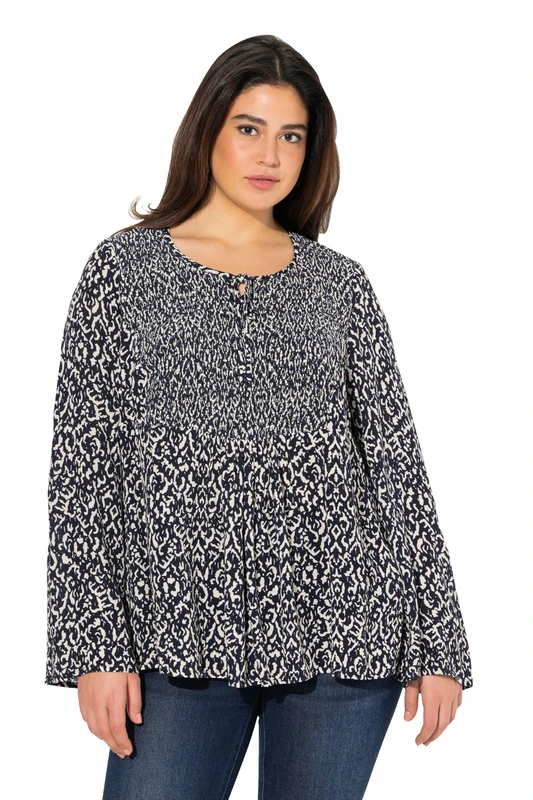 Ulla Popken Womenswear Plus Size Curvy Smocked Geometric Long Sleeve Blouse Pale Champagne 46+ 831552150-46+