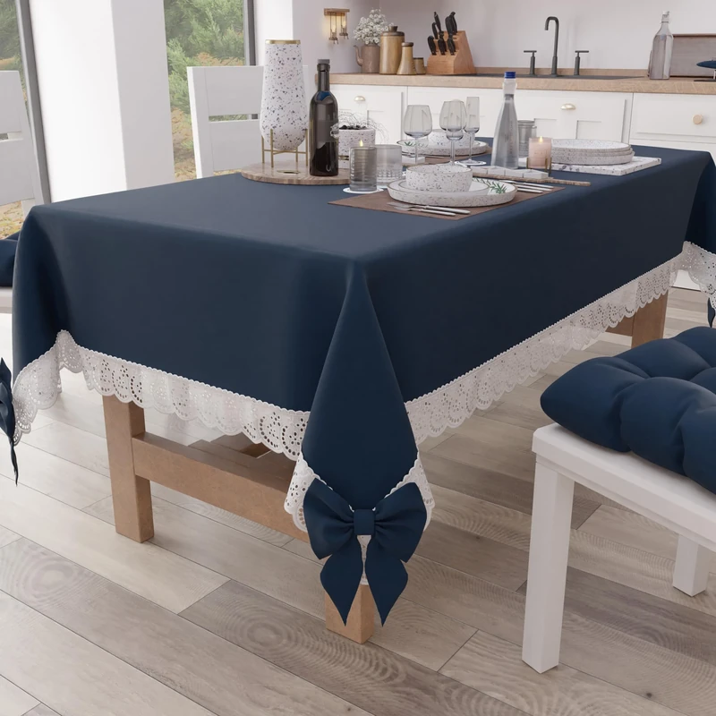 PETTI Artigiani Italiani - Tablecloth, Table Cloth, Rectangular Kitchen Tablecloth with Sangallo Lace and Bows, Plain Cotton Table Cover, 12 Seater (140 x 240 cm) Night Blue