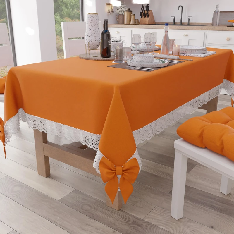 PETTI Artigiani Italiani - Tablecloth, Table Cloth, Rectangular Kitchen Tablecloth with Sangallo Lace and Bows, Plain Cotton Table Cover, X6 Seater (140 x 180 cm) Orange
