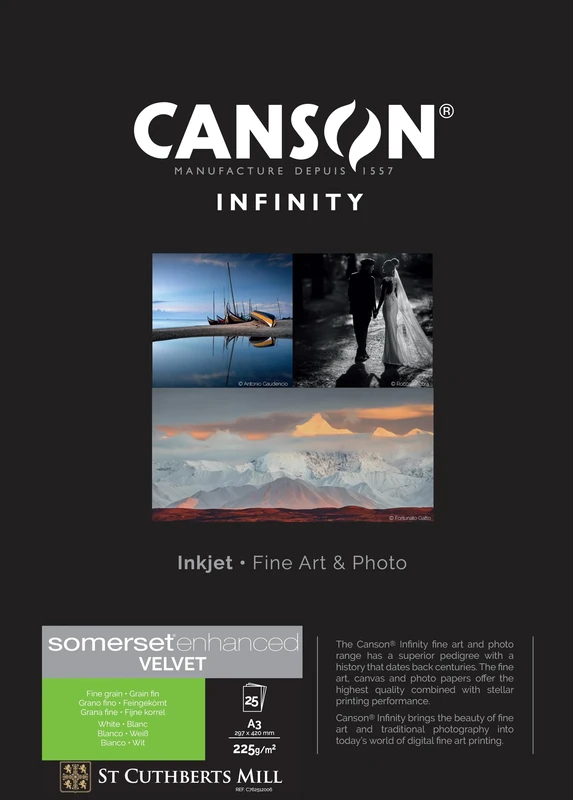 Canson Infinity Somerset Enhanced Velvet White, Digital Photo Paper, Soft Grain, 225, 83, Box, A3-29.7 x 42 cm, Printed Cardboard Box, White, 25 Sheets