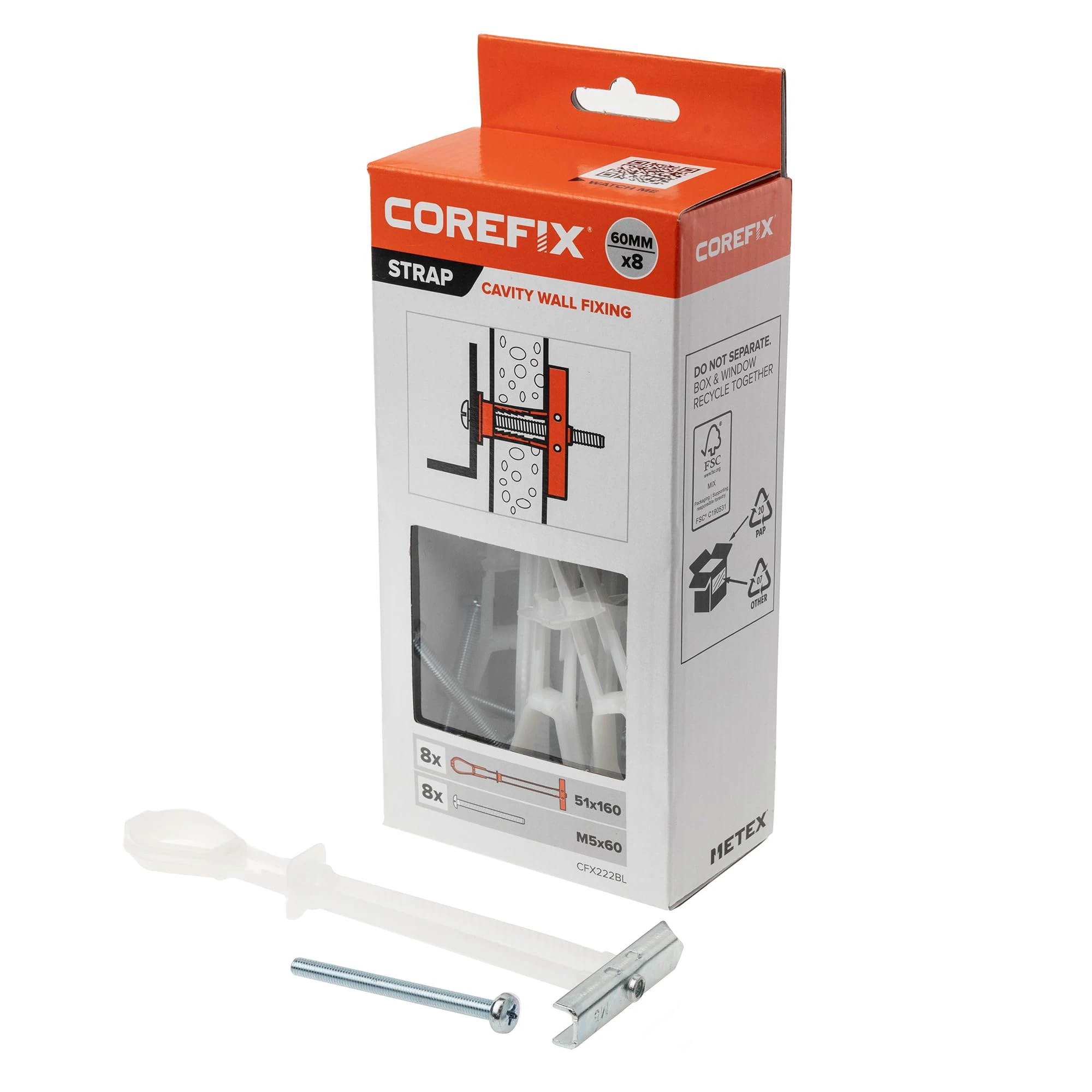 Corefix Strap Cavity Wall Fixing 8 Pack (M5x60mm), Heavy Duty Metal Universal Toggle for Plasterboard, Hollow Brick or Block. Secure Hold, Easy to Install & Adjustable Up to 35mm Deep.