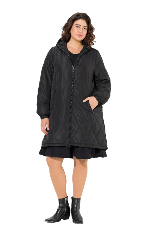 Ulla Popken Womens Plus Size Plus Size Lightweight Quilted Coat Water Resistant 2 Way Zipper, black, 46