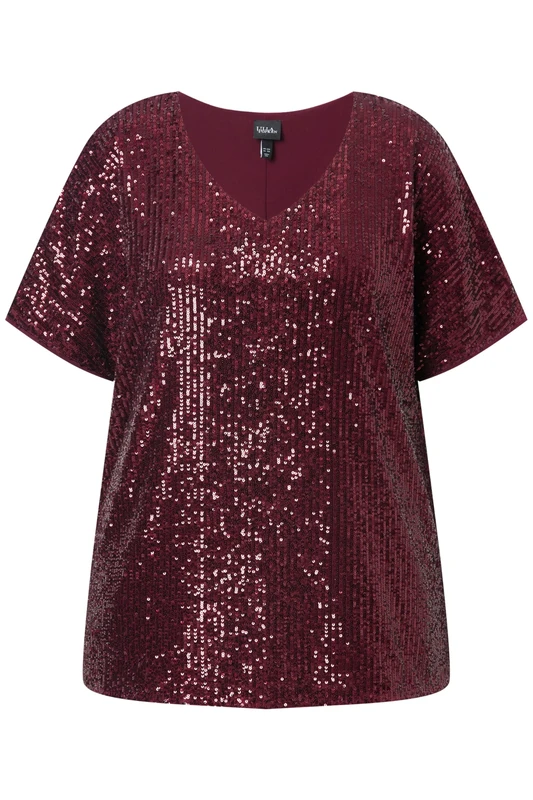 Ulla Popken Women Sequin Shirt Oversized V Neck Half Sleeve Sequin Shirt, Wine red, 16 UK/18 UK