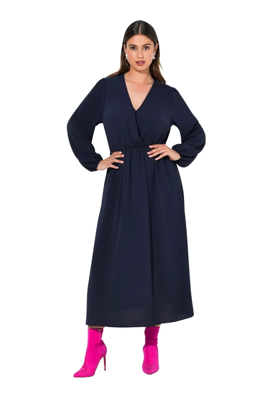 Ulla Popken Women's Midi Dress Wrap A-Line V-Neck Long Sleeve Dress, Navy, 20-22