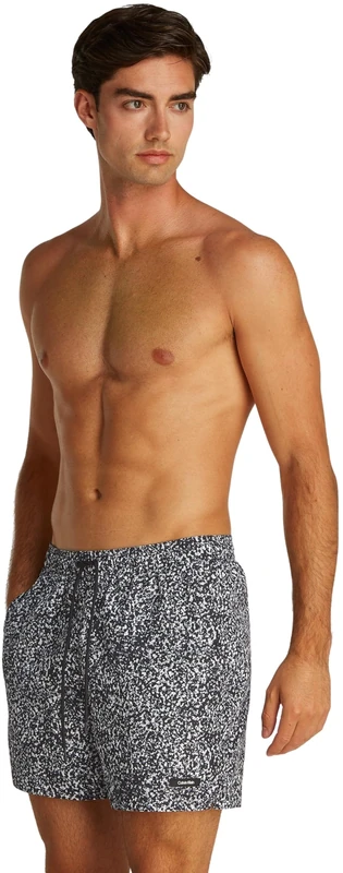 Calvin Klein Men’s Medium Drawstring Swim Shorts with Logo Print, Multicolor (Black Granite AOP), S