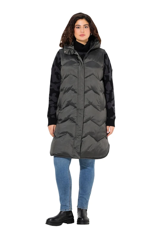 Ulla Popken Women's Hyprar Functional Quilted Vest, Hood, Stand-Up Collar, Recycled Vest, charcoal, 16 - Image 1