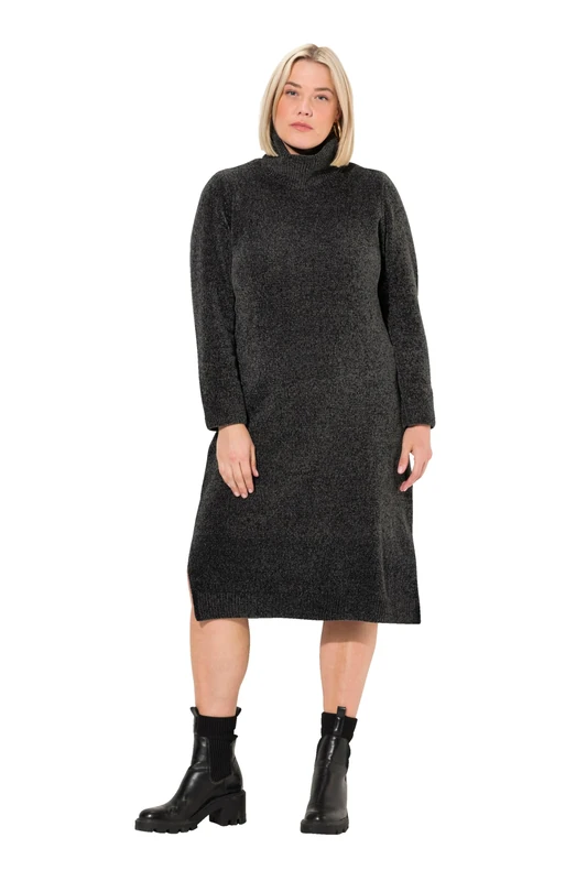 Ulla Popken Women's Chenille-Kleid, Strukturstrick, Rollkragen, Langarm Dress, Graphite Grey, 24-26