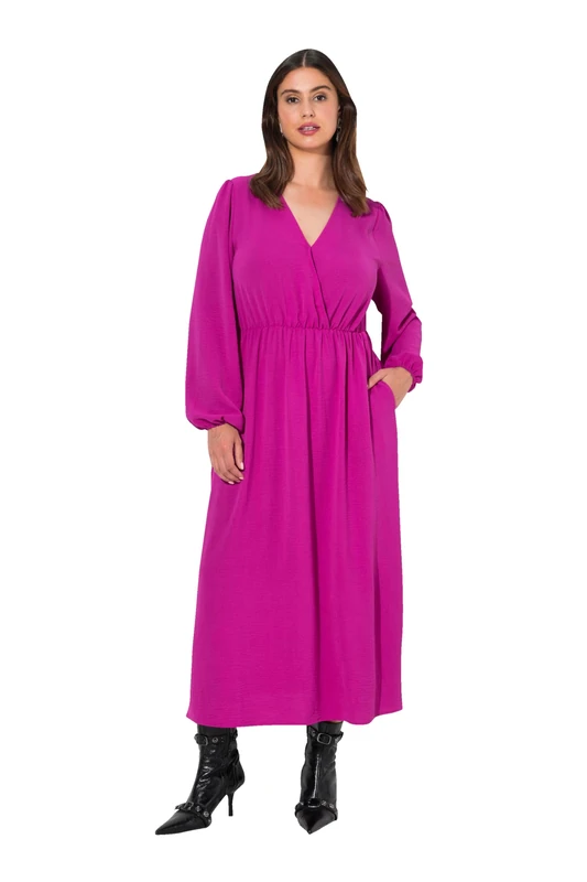 Ulla Popken Women's Midikleid, Wickeloptik, A-Linie, V-Ausschnitt, Langarm Dress, Berry, 28-30