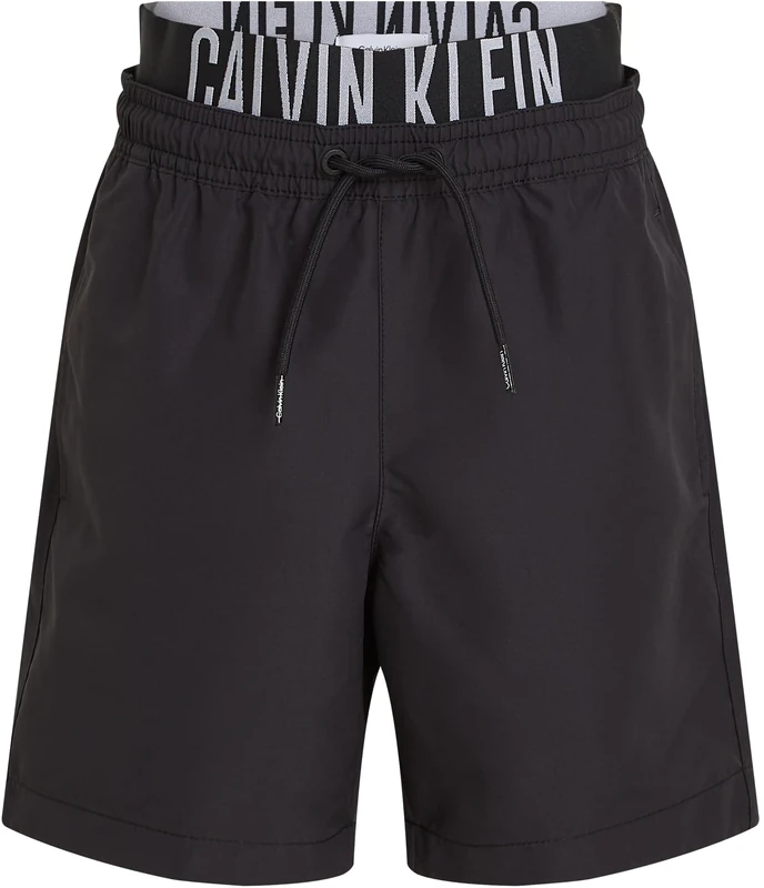 Calvin Klein Boys’ Medium Double Swim Shorts with Logo Waistband, Black (Pvh Black), 8-10 Years