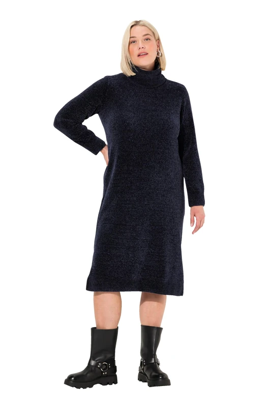 Ulla Popken Women's Chenille Textured Knit Turtleneck Long Sleeve Dress, Navy, 24-26